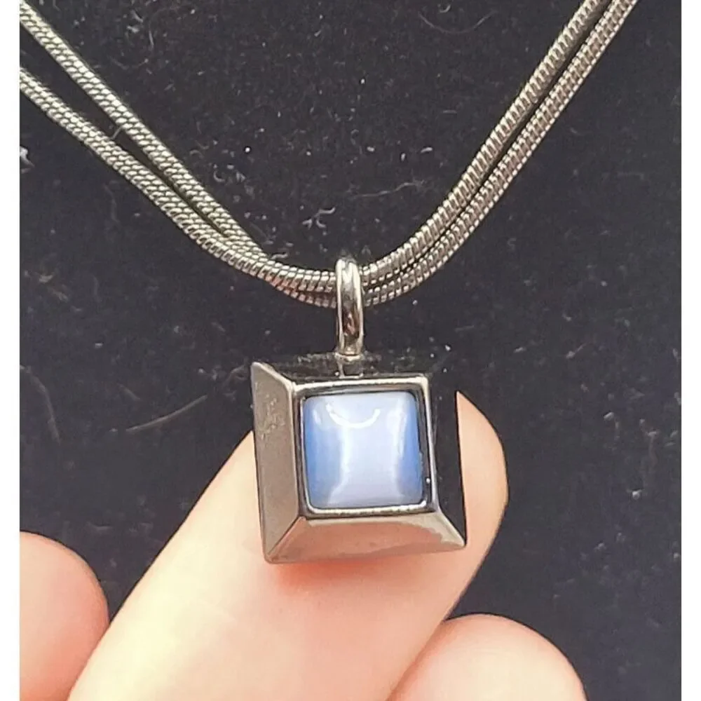 Express Gunmetal Silver Square Tiger's Eye Blue Pendant Necklace 17in